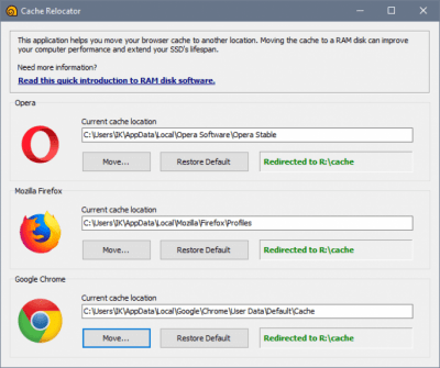 Скриншот приложения SoftPerfect Cache Relocator - №1