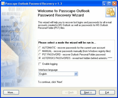 Скриншот приложения Passcape Outlook Password Recovery - №1