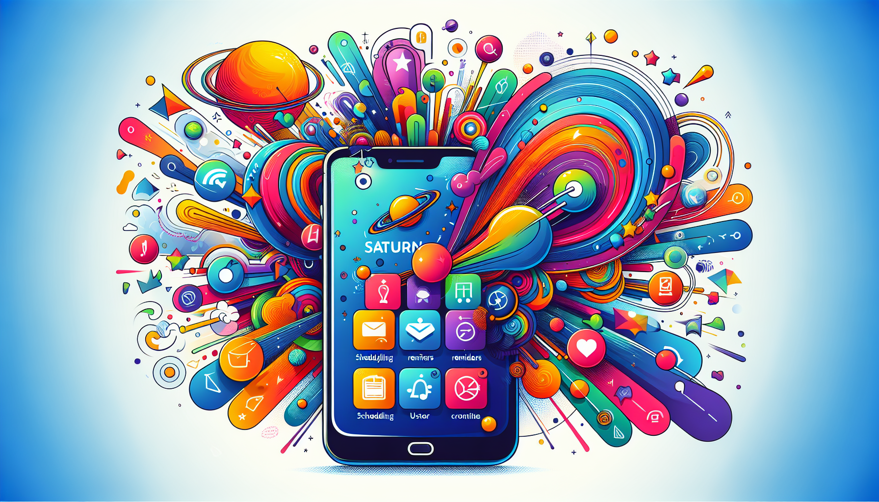 An illustration representing the Saturn app and its functionalities.