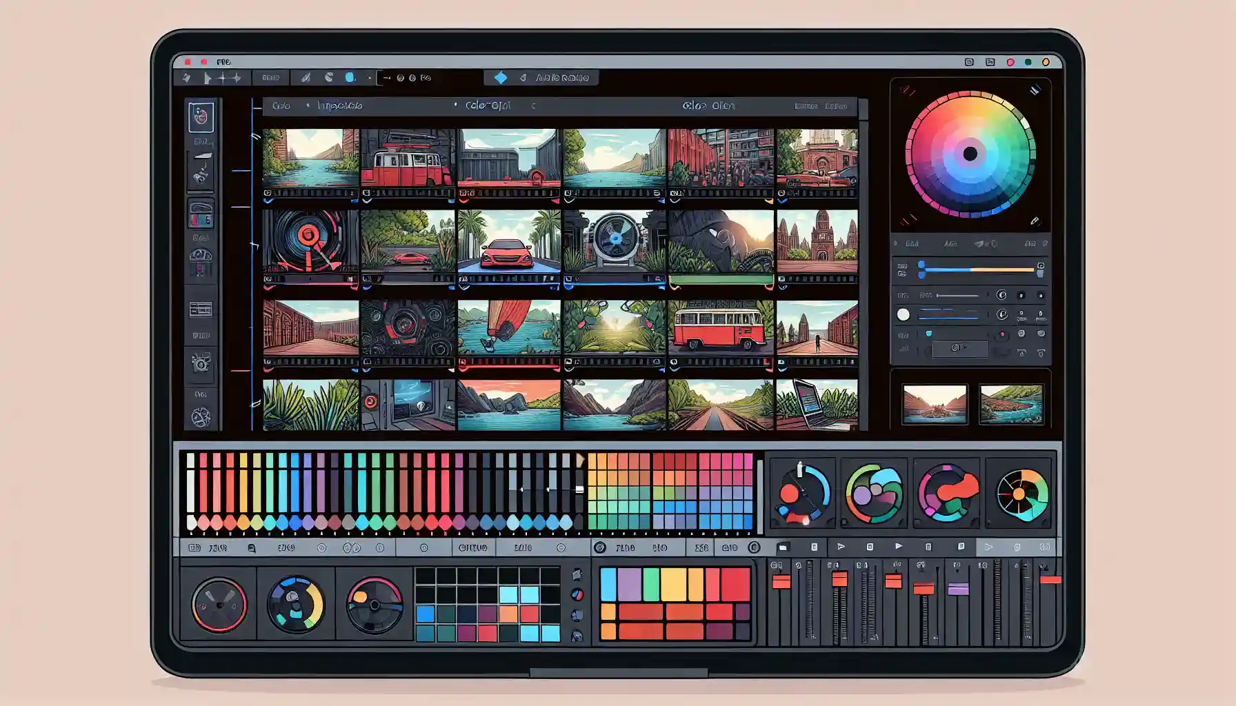 Adobe Premiere Pro interface with video clips and color correction tools