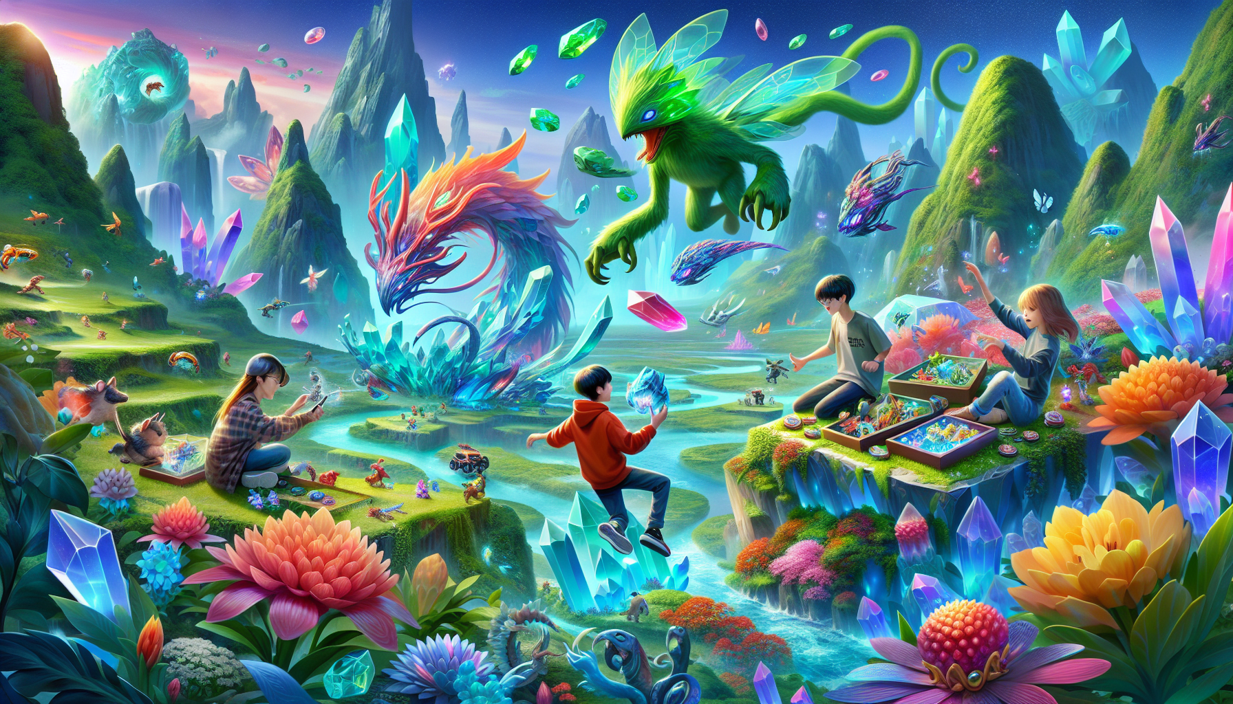 A whimsical scene of players exploring the Pokémon Infinite Fusion world.