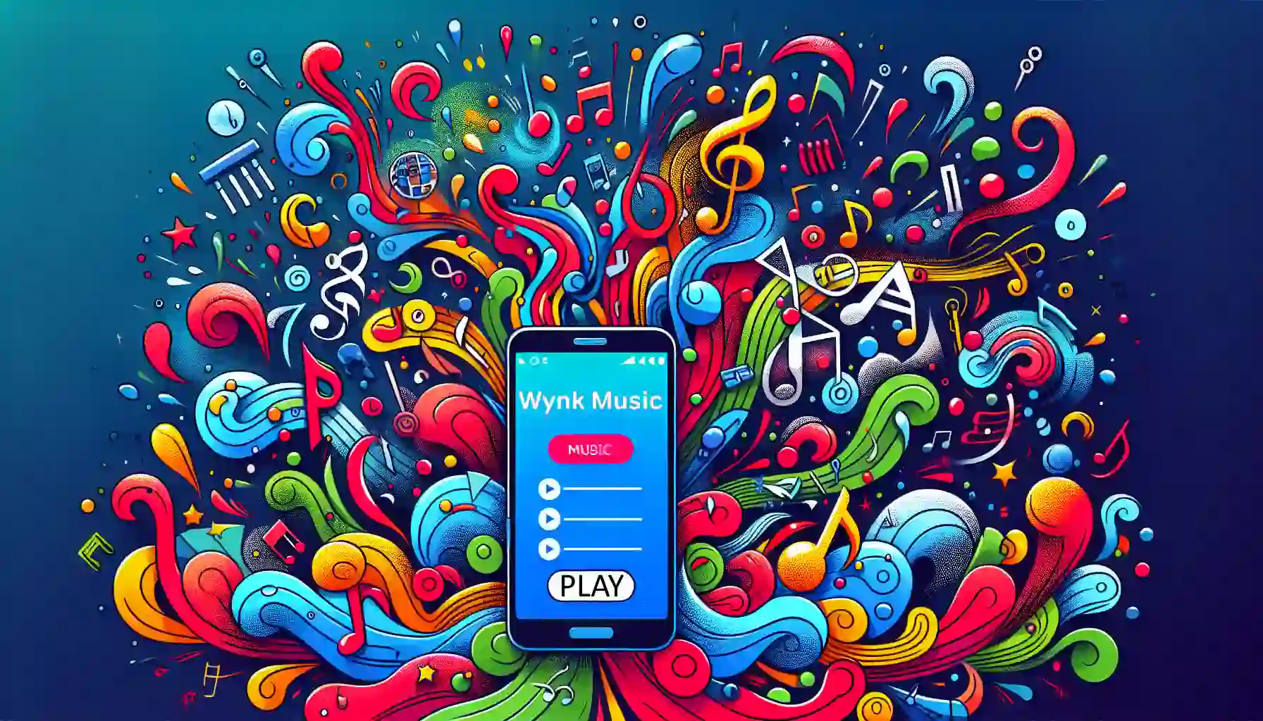 An illustration depicting the Wynk Music app interface with vibrant colors and music notes.