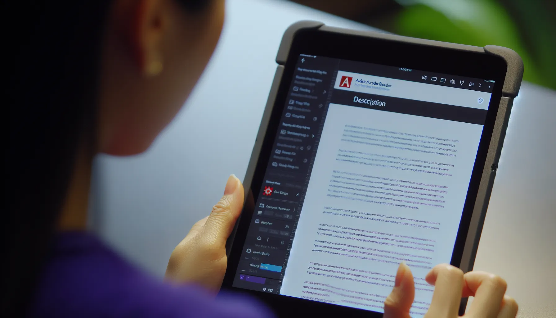 Person reading a PDF document on a tablet version of the Adobe Acrobat PRO mobile app