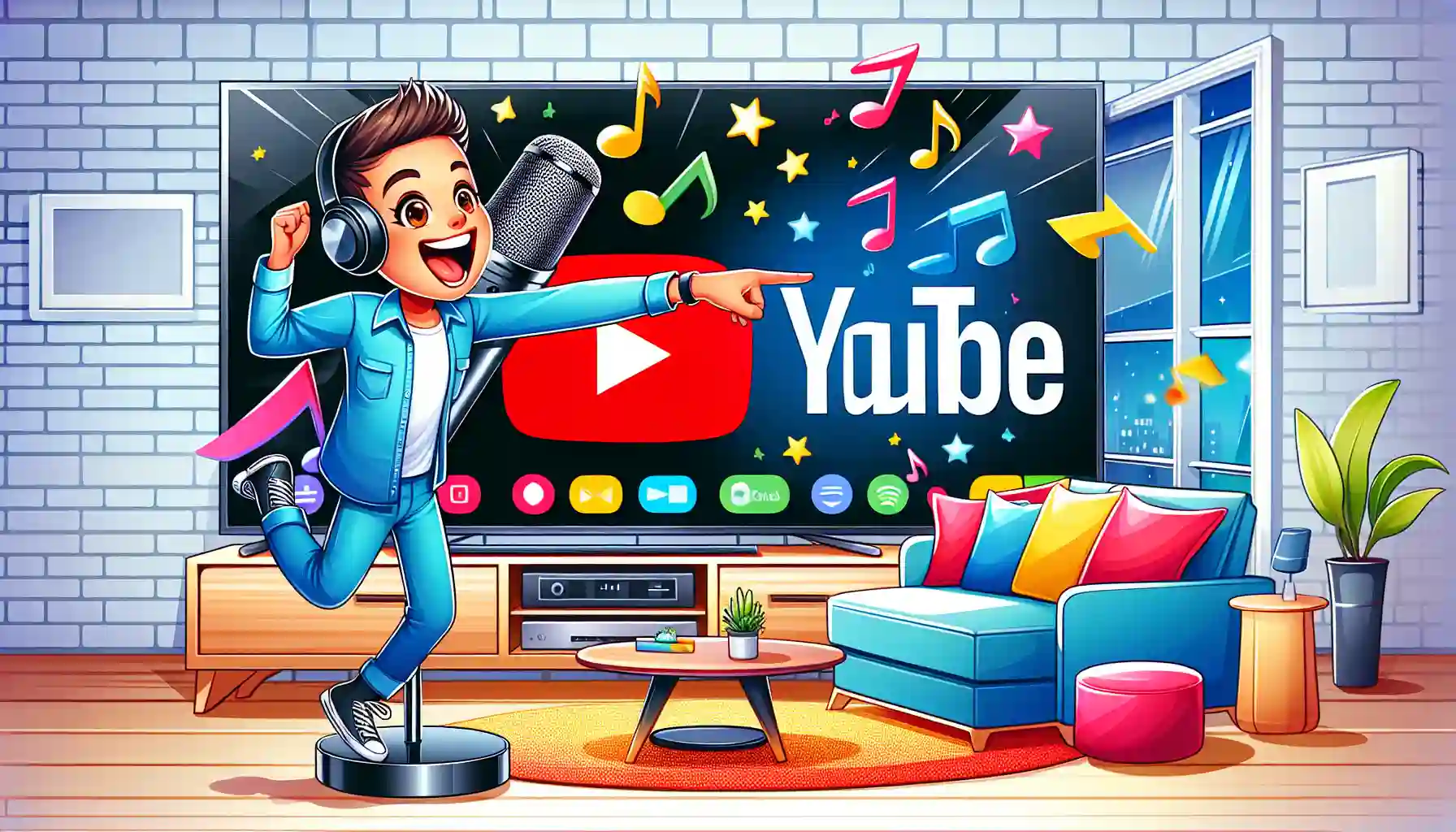 An illustration of a user controlling YouTube on an Android TV using voice commands.