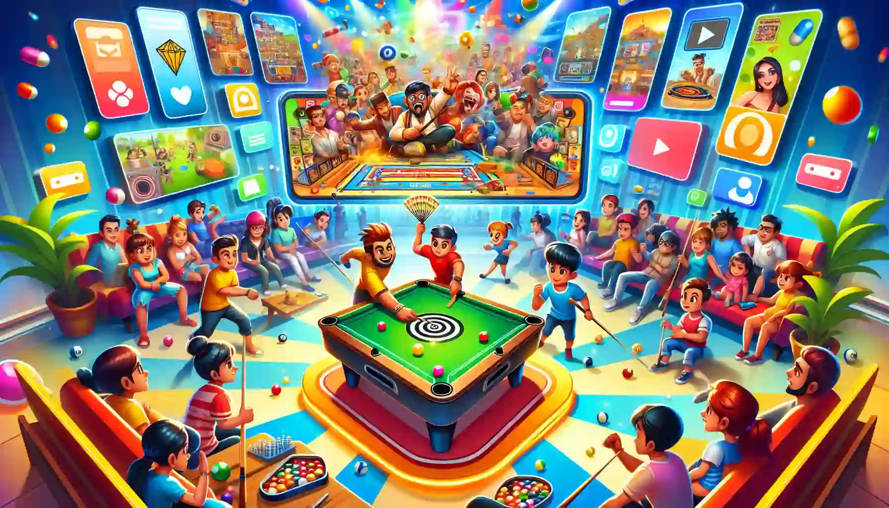 A cartoon showcasing various online games and points available in the Rush app