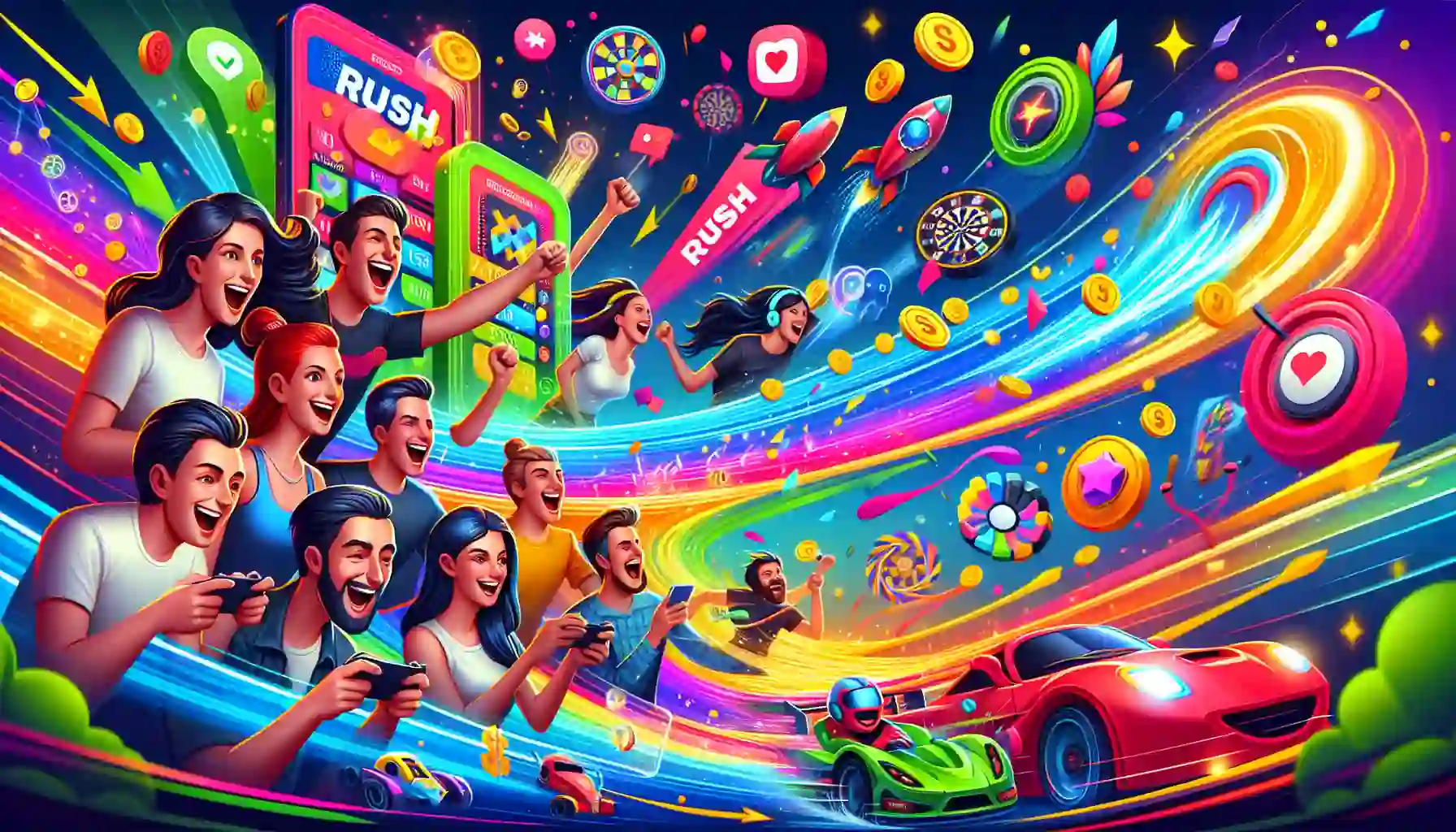 An illustration of players engaging in gameplay and earning potential in the Rush app.