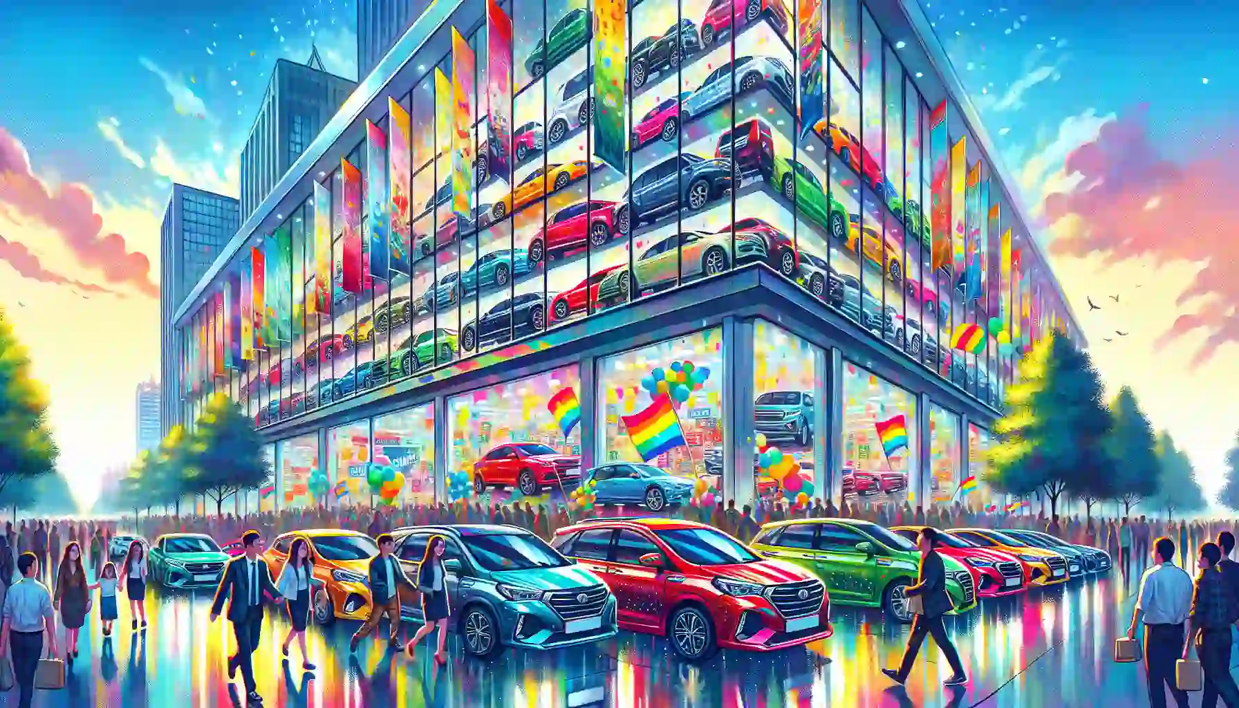 An illustration depicting a vibrant city with a car dealership showcasing various cars for sale, representing the car for sale simulator 2023.