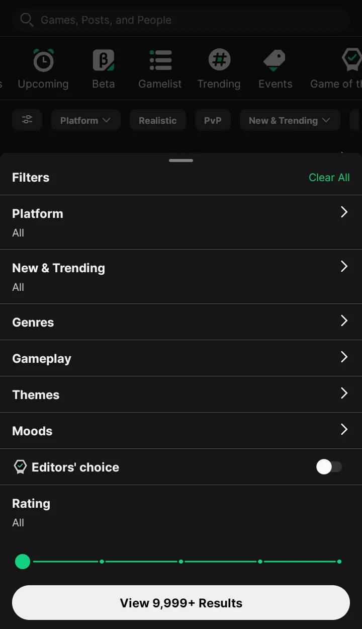The games section offers filters to find the right content for you