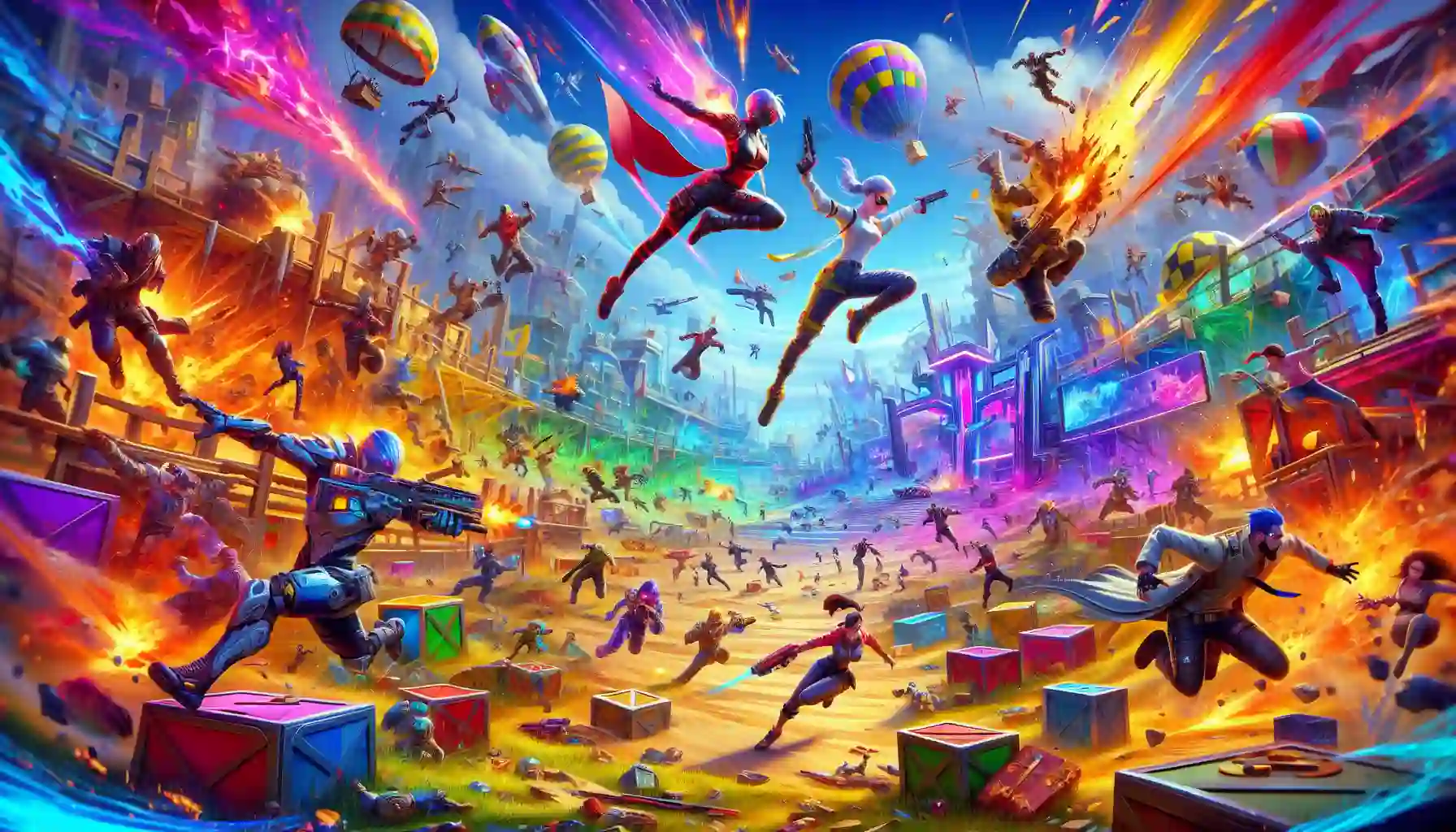An illustration representing the concept of battle royale games, featuring a diverse group of characters in a vibrant, chaotic environment.