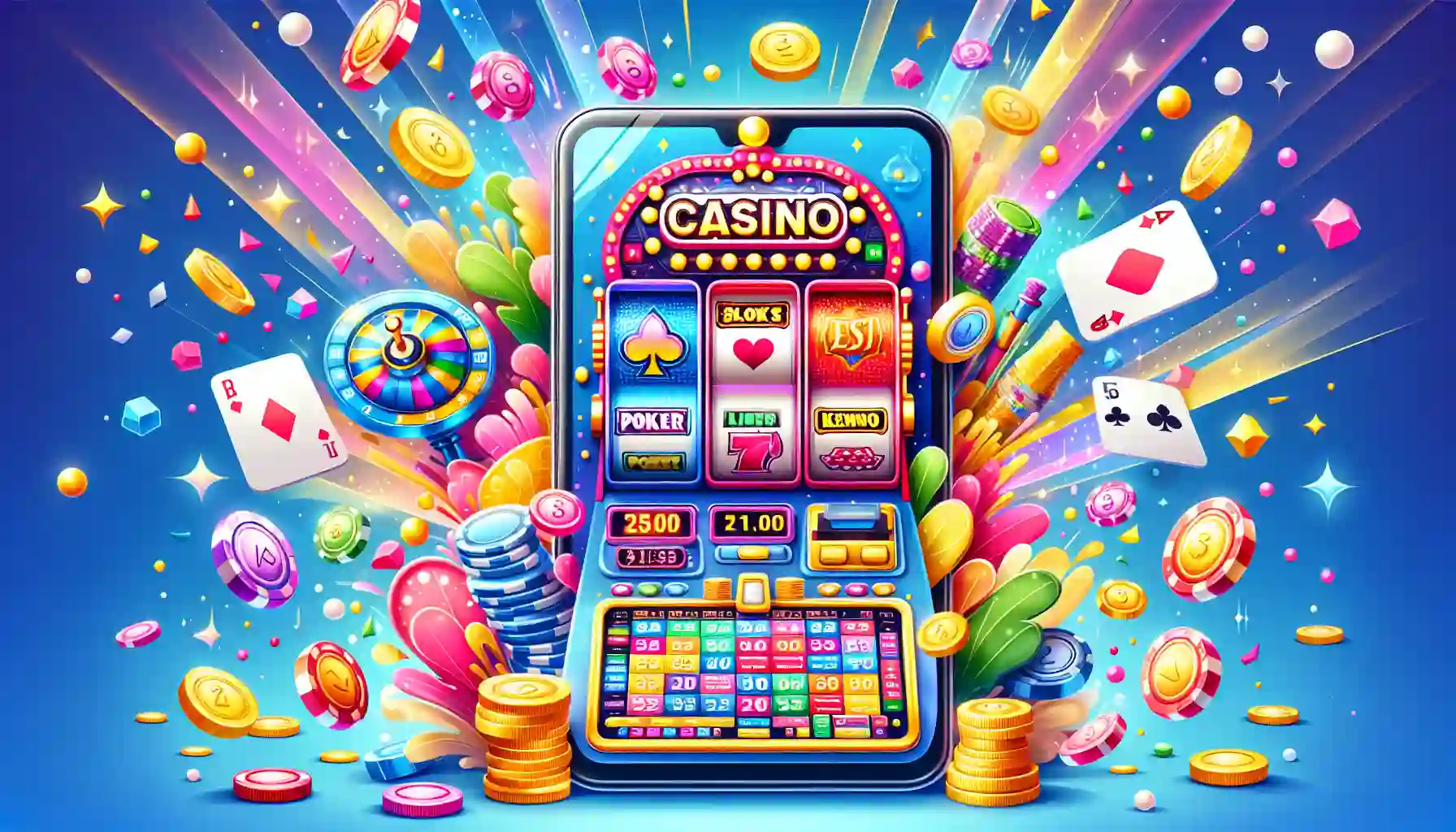 An illustration showcasing various casino games, slots and fish table games, available in the Vegas-X app