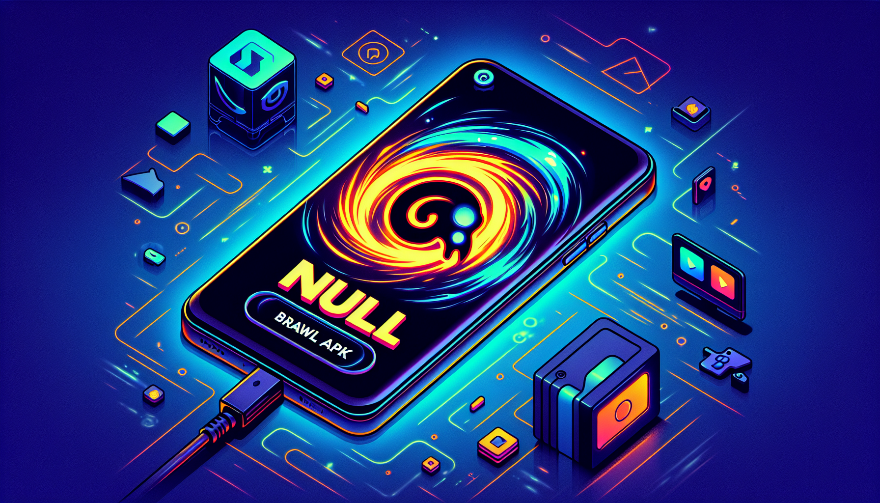 Illustration of a mobile phone with Null's Brawl APK logo on the screen