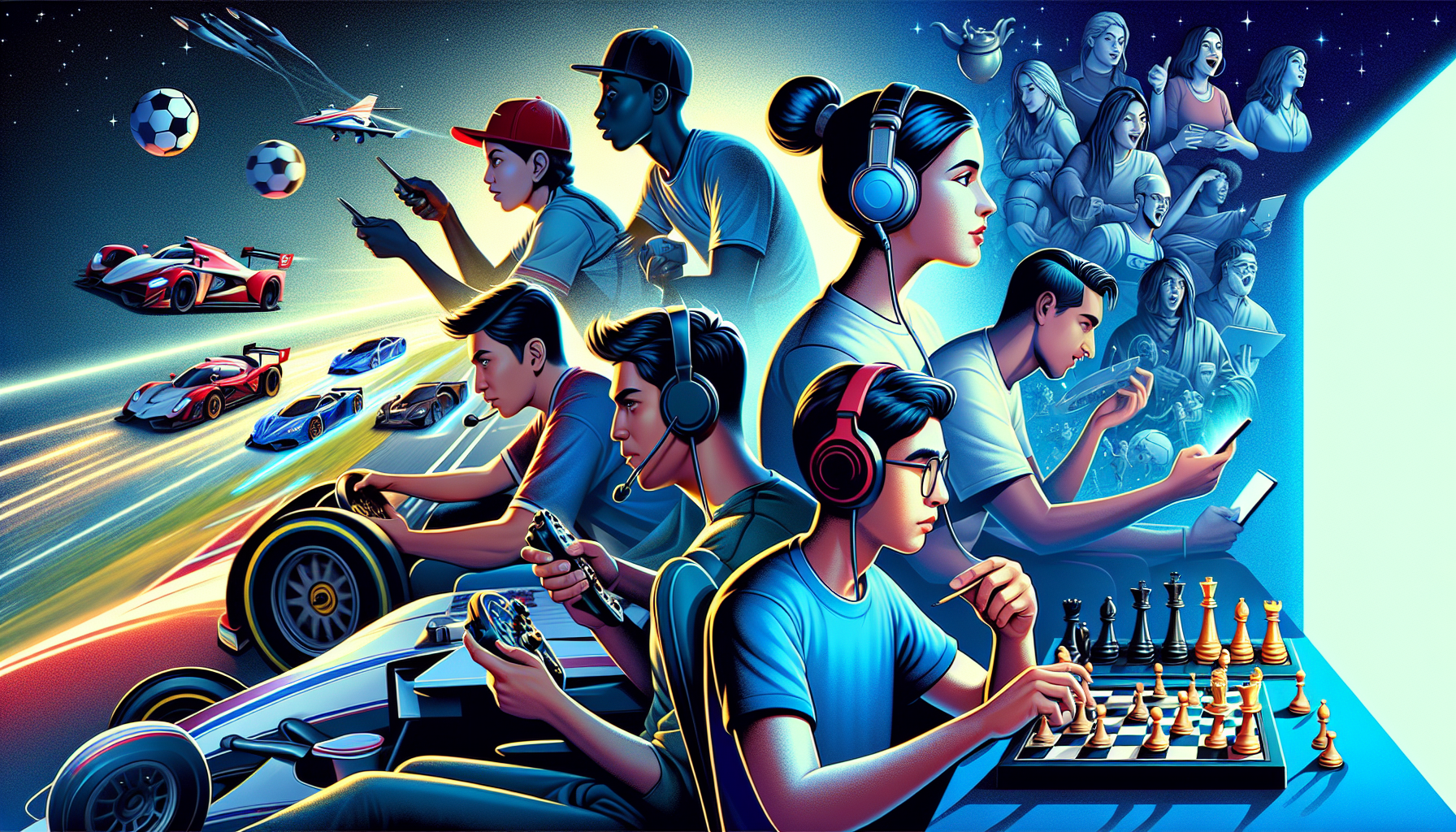 Illustration of a diverse group of gamers enjoying different games, like call break card games