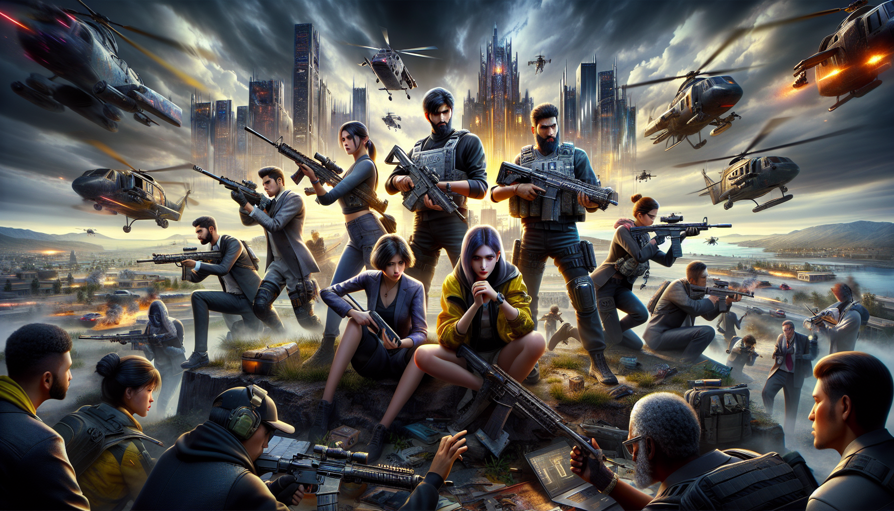 An illustration showcasing various game mechanics and weapons in a battle royale scenario.