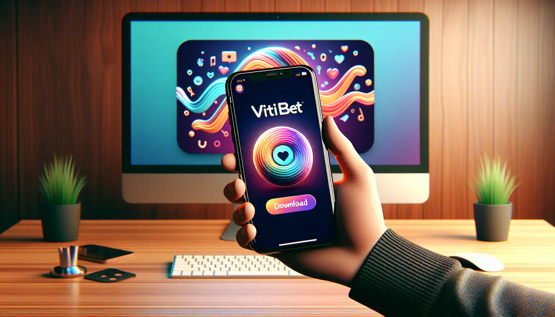 Illustration of mobile and desktop devices with Vitibet app download button