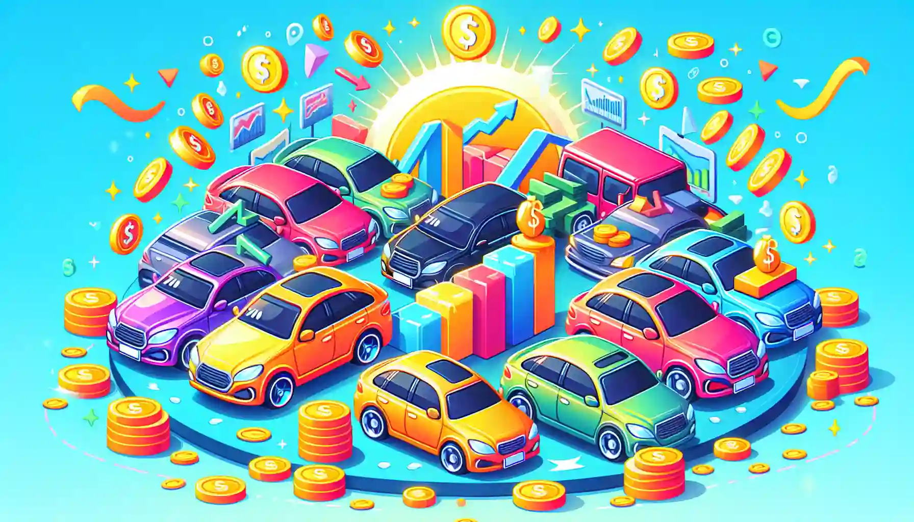 A cartoon illustrating the key features of a car sale simulator, including cars, money, and business elements.