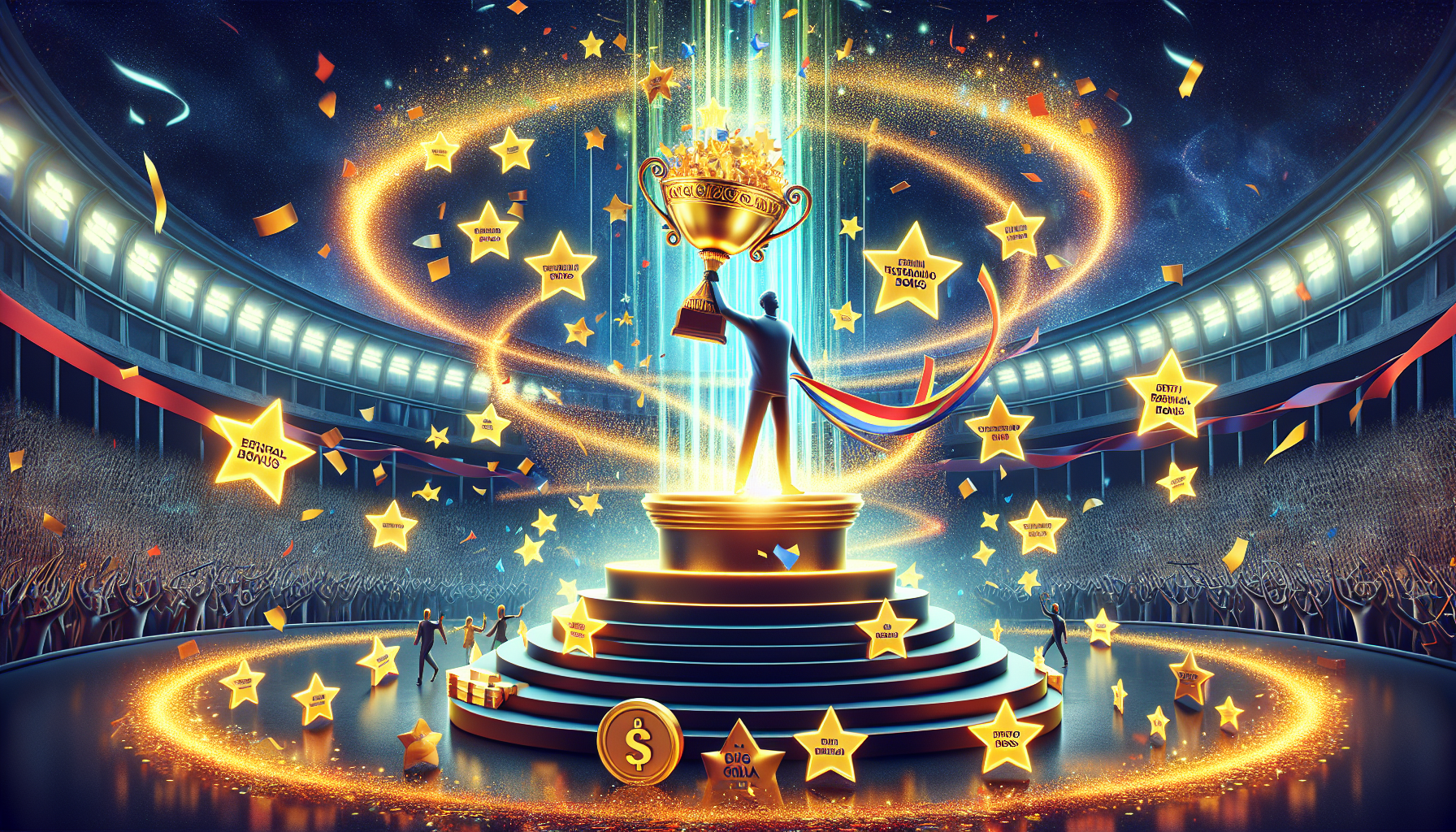 Illustration of a person receiving bonuses and rewards on a gaming platform