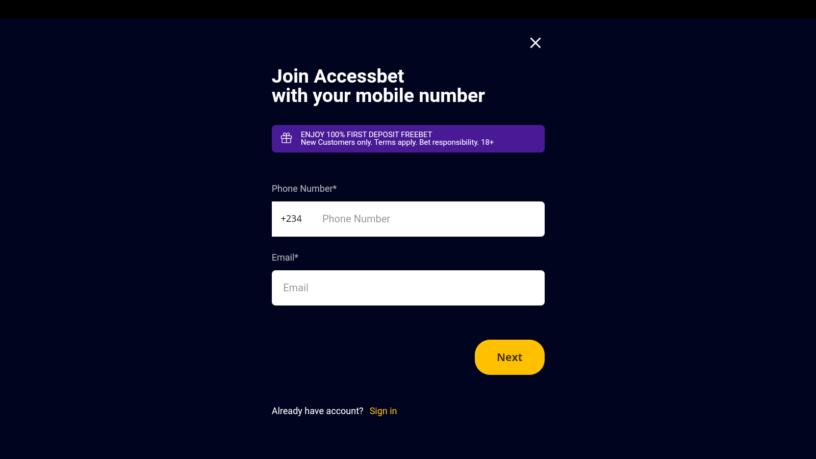 Press the register button in the AccessBET app and use your phone number to sign up