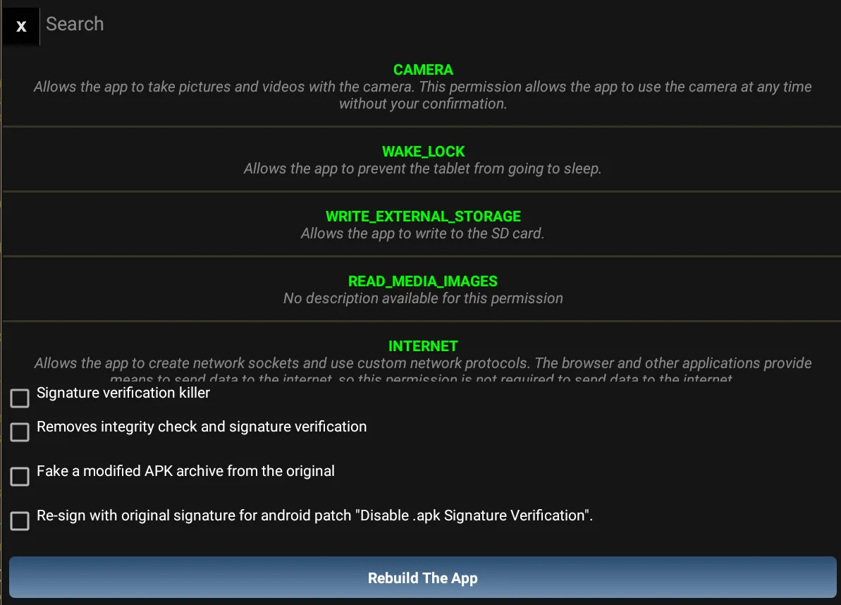 Lucky Patcher offers to control permissions of the installed app