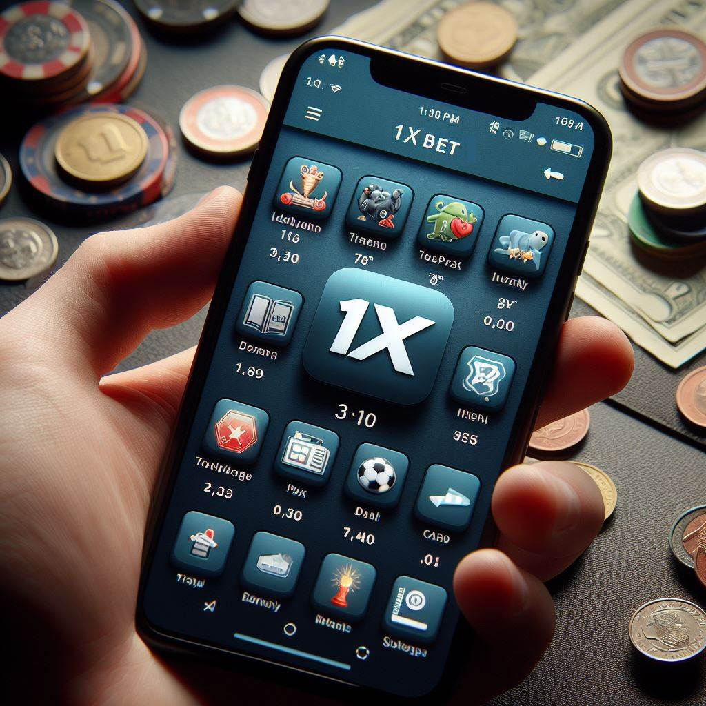 Illustration of a mobile phone with 1xbet application icon