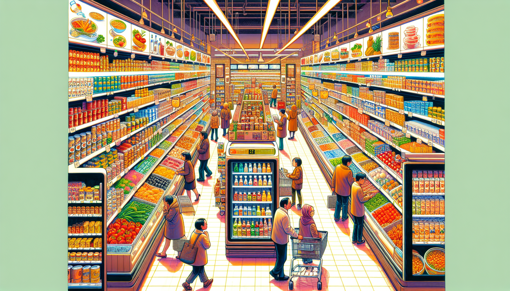 Illustration of a bustling supermarket with shelves, fridges, and freezers