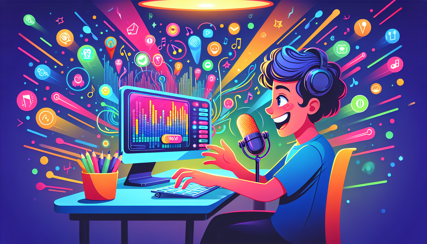 A cartoon representation of a user setting up Voicemod with a microphone and computer.