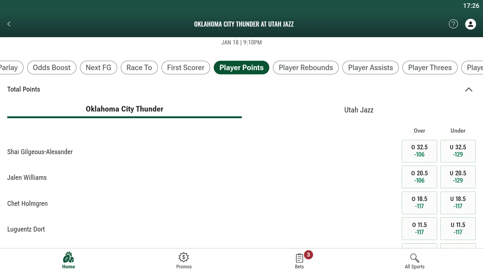 Variety of available bets. Just choose the tournament and bet type to start