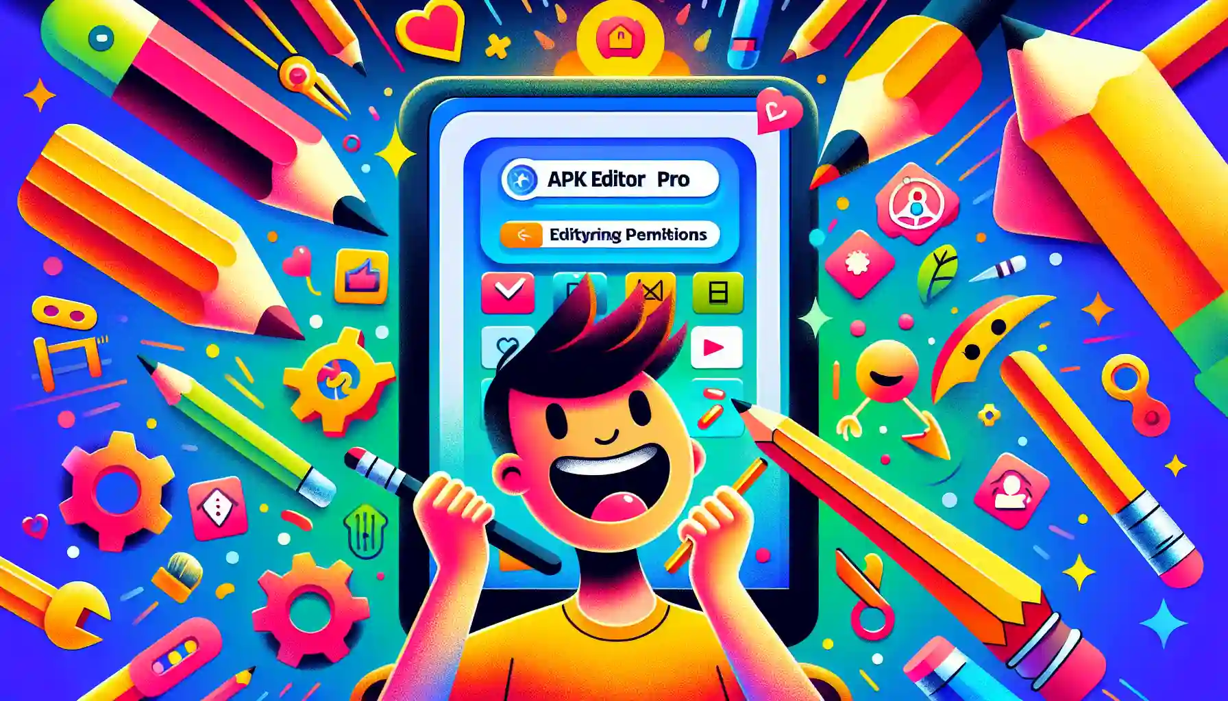 A cartoon depicting the core functionalities of Apk Editor Pro.