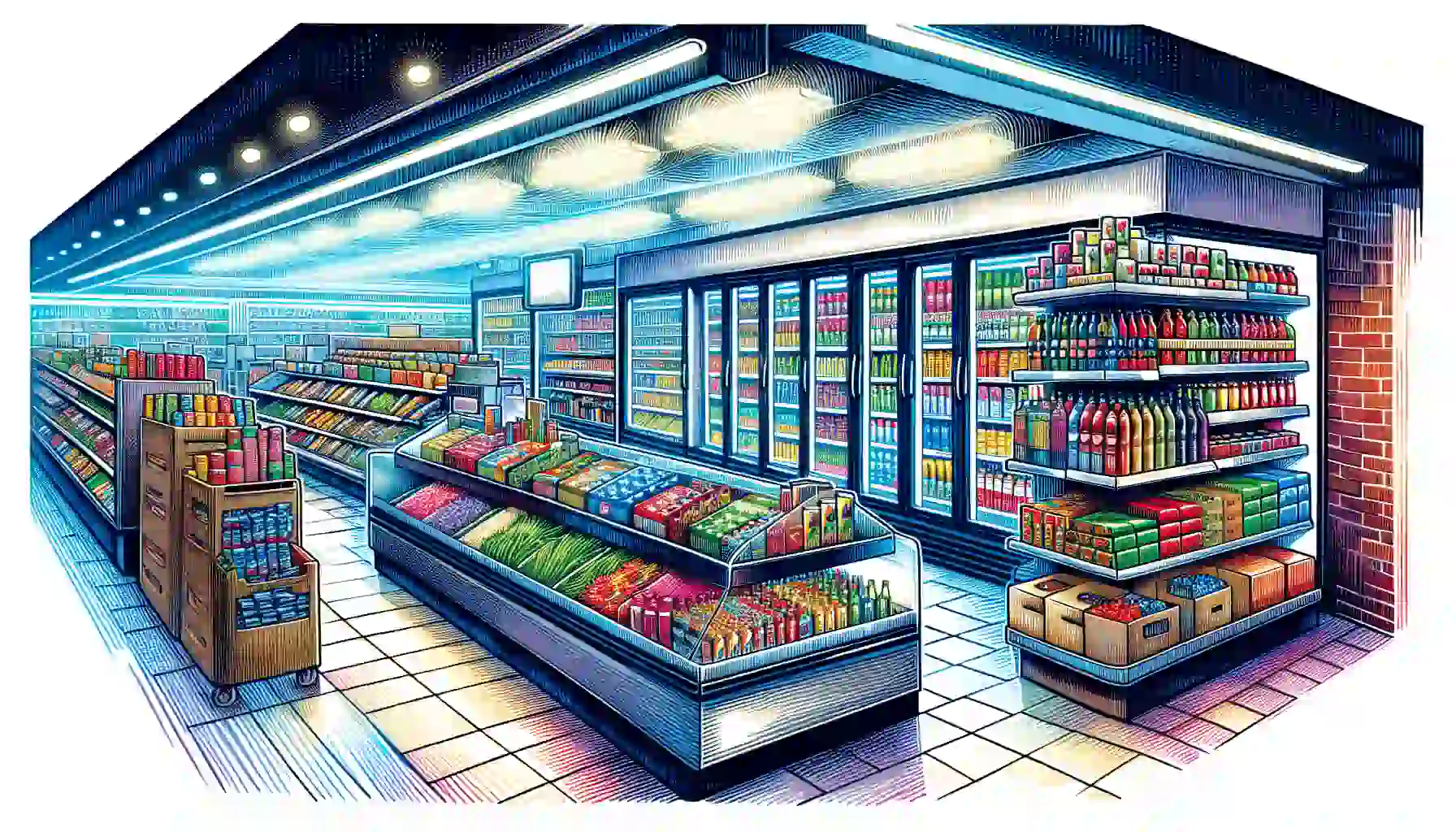 Illustration of a retail powerhouse with shelves, fridges, and freezers