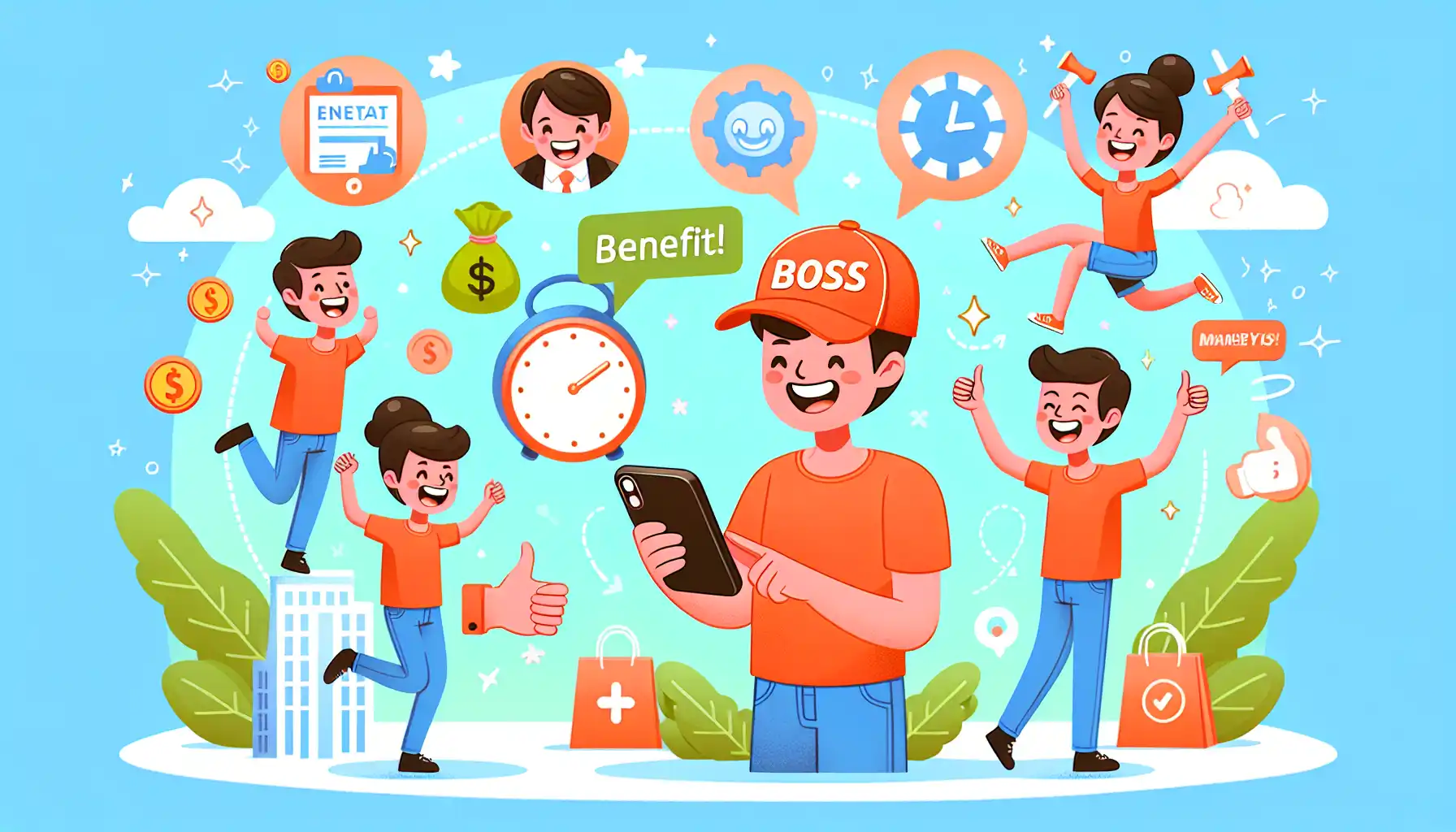 A cartoon depicting the unique selling points of Instawork.