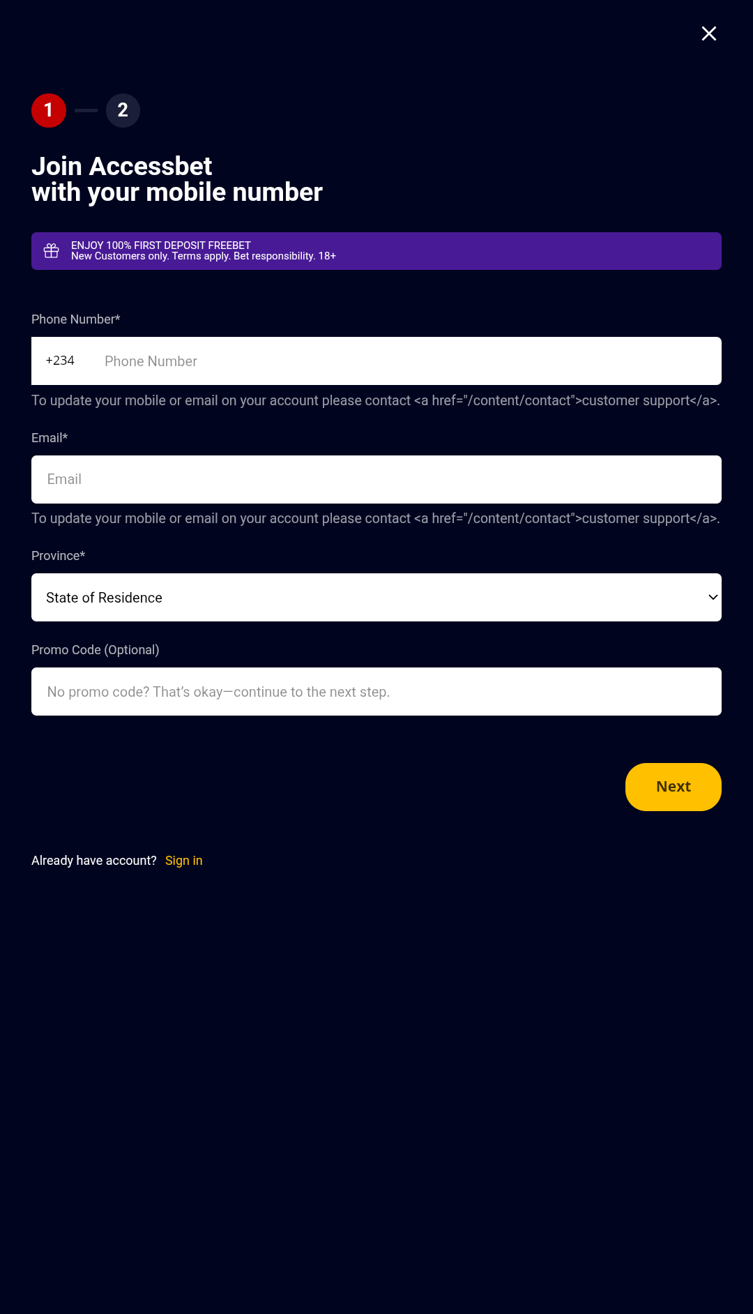 Press the register button in the AccessBET app and use your phone number to sign up