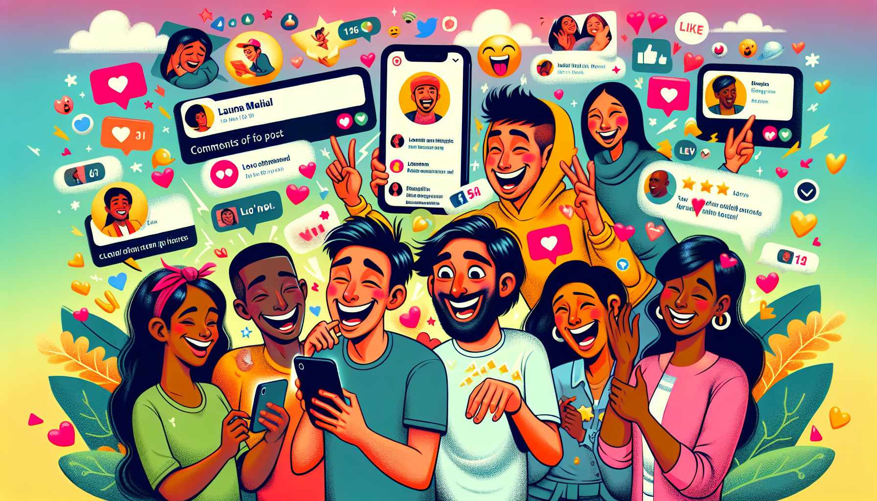 A cartoon illustration of users interacting on social media through the ABPV app.