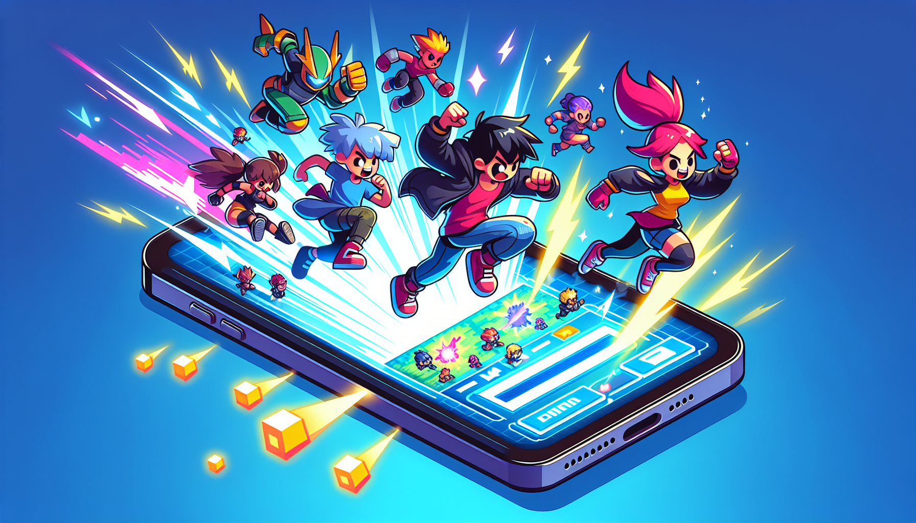 Illustration de personnages de Brawl Stars jouant sur un téléphone Android avec l'application Null's Brawl APK