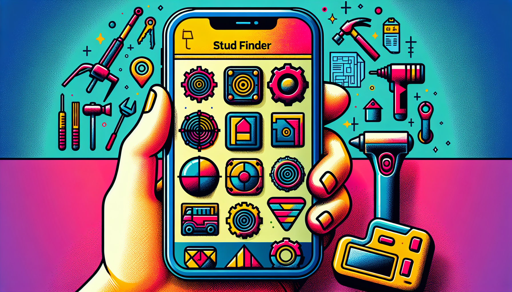 An illustration showing various stud finder apps available for download.