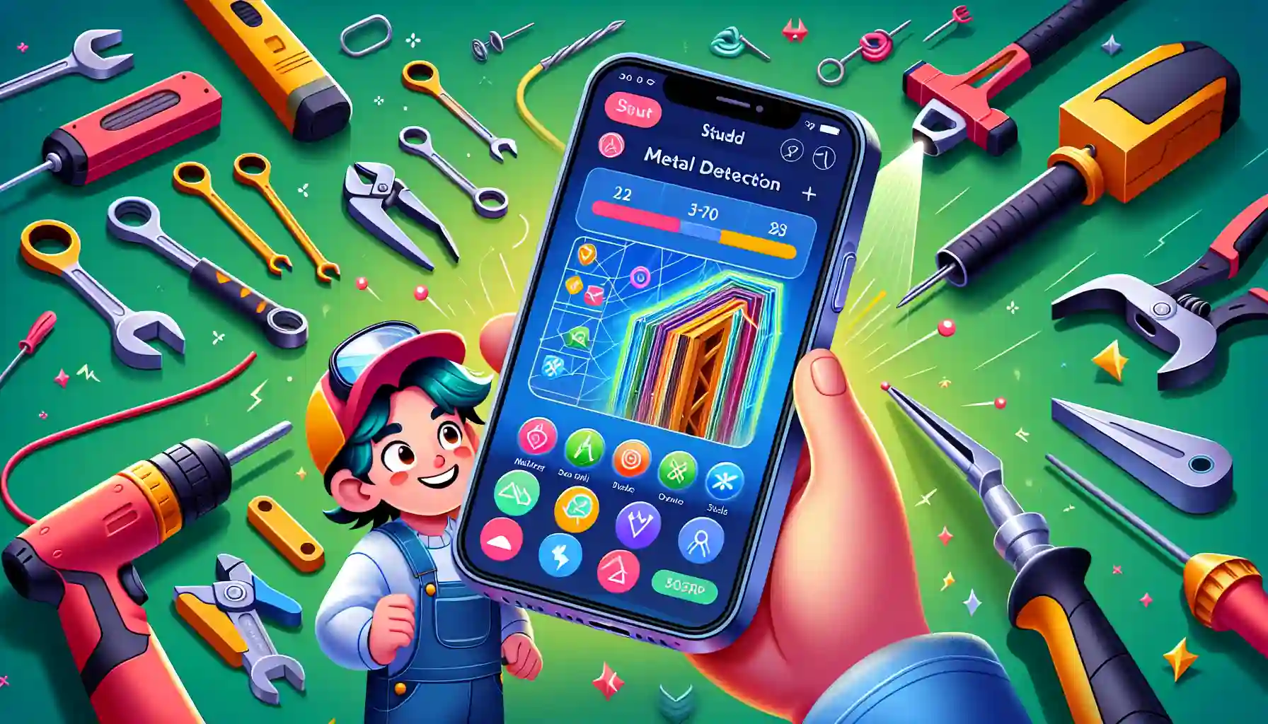 A cartoon showing the user interface of a stud finder app with various detection features.