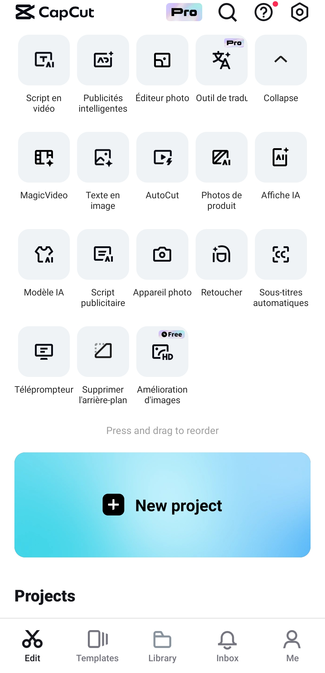 Interface esthétique de l'application CapCut sur un appareil mobile Android 5.0 et plus
