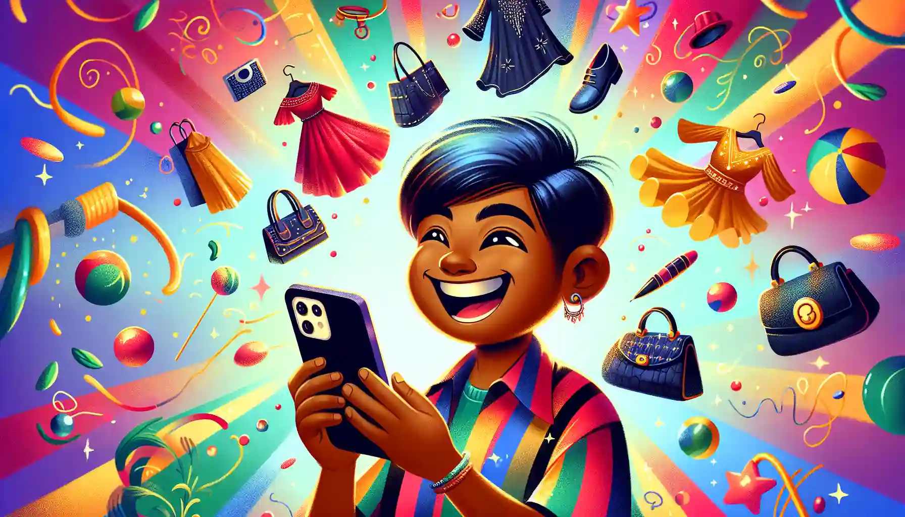 An illustration of a happy shopper using the Shein app to browse fashion items.