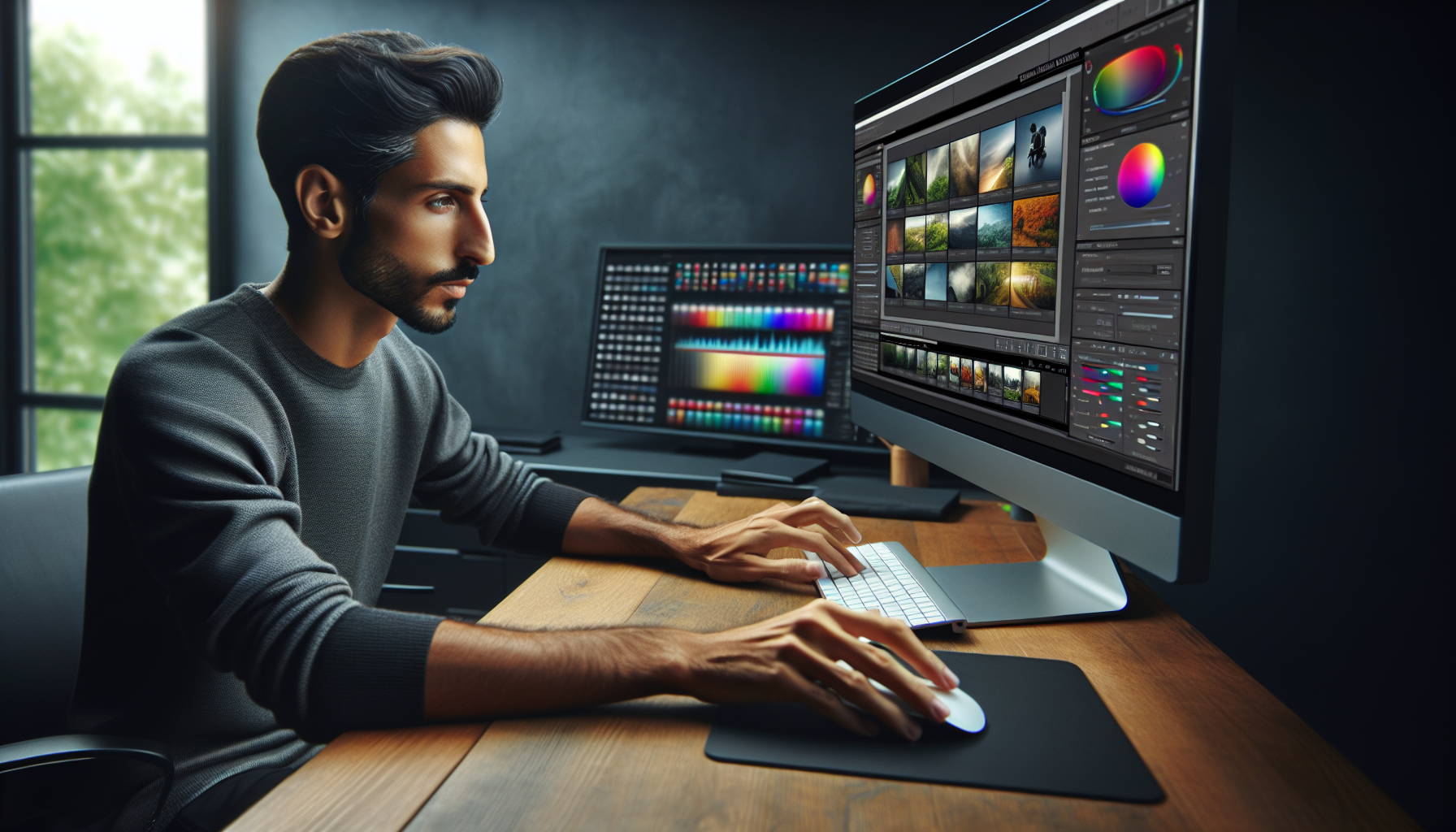 Illustration of a person using Adobe Lightroom on a computer to create images and edit details