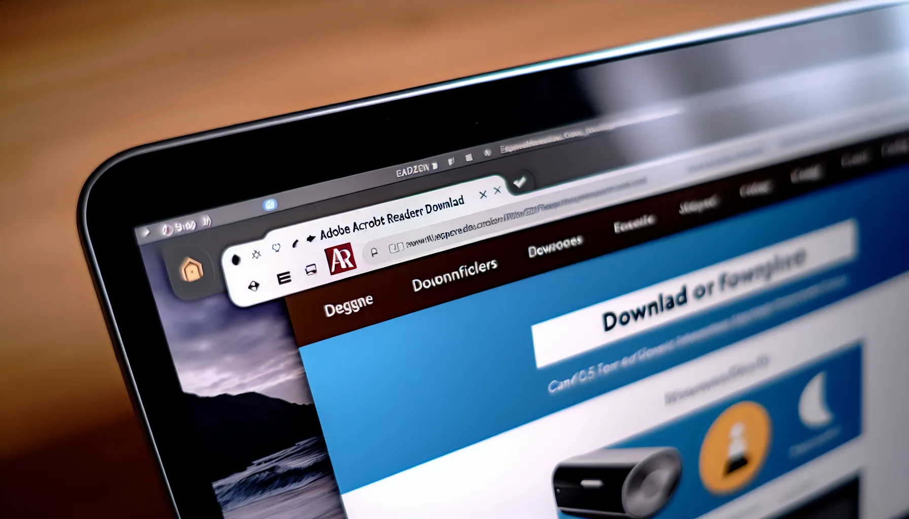 Device screen displaying the Adobe Acrobat Reader download page on Windows desktop