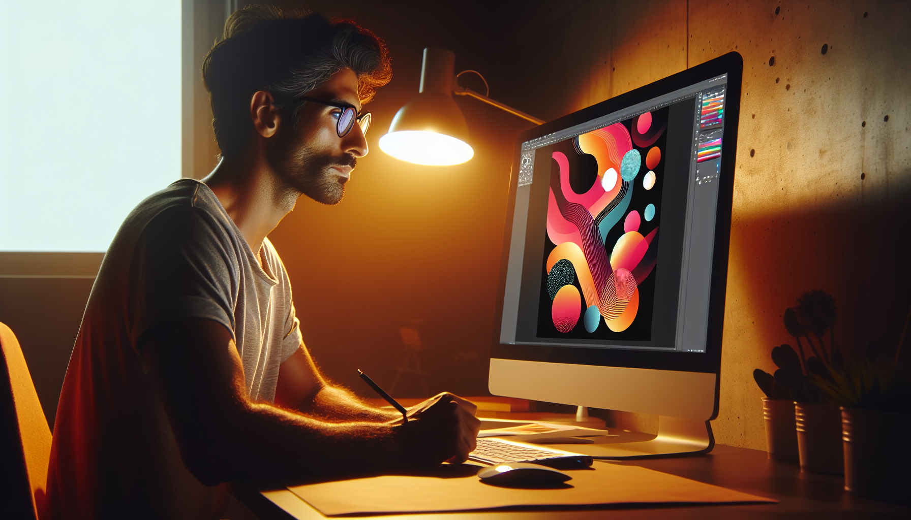 A professional is drawing illustrations and posters, using full version of Adobe Illustrator