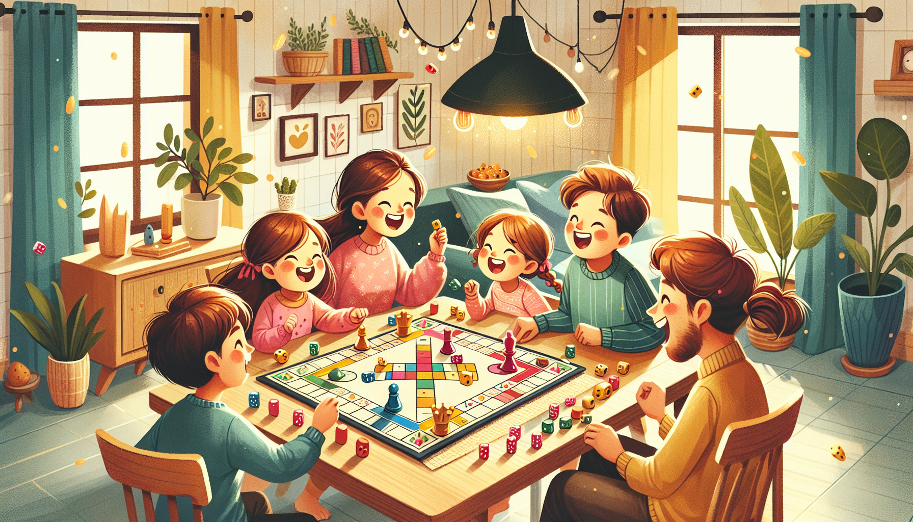 An illustration of a family enjoying a game of Ludo King together.