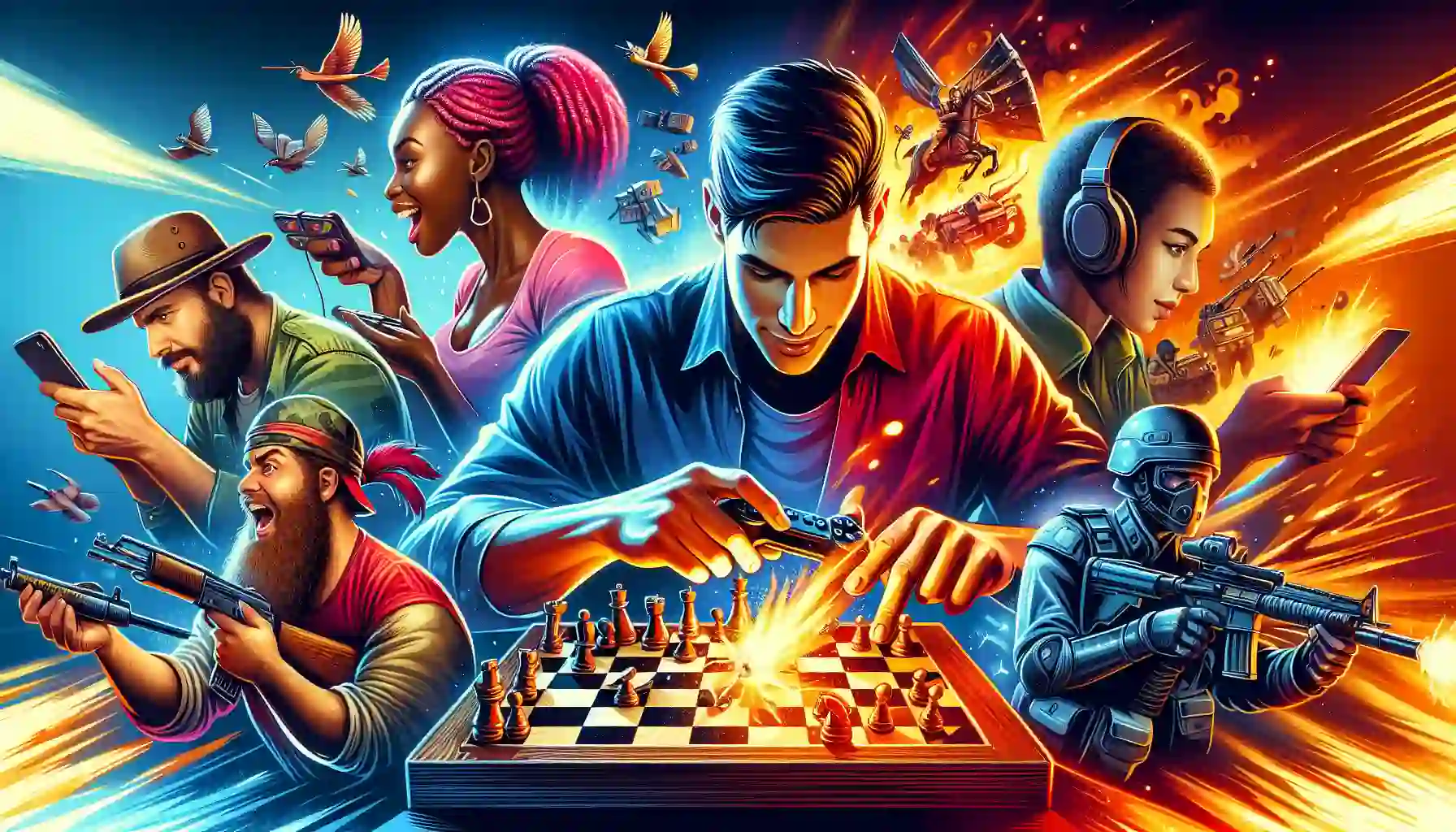 Illustration of people enjoying various games on Khiladi Adda, including Fantasy Cricket format game