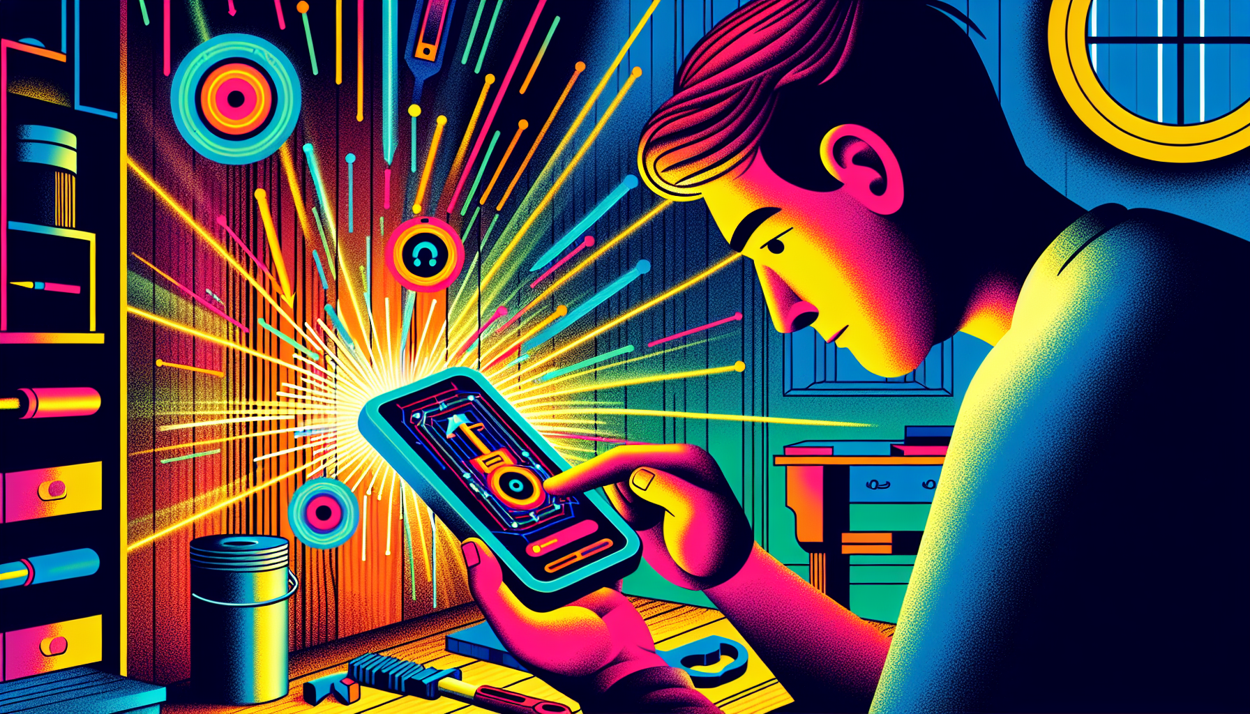 An illustration of a user easily operating a stud finder app on their phone.