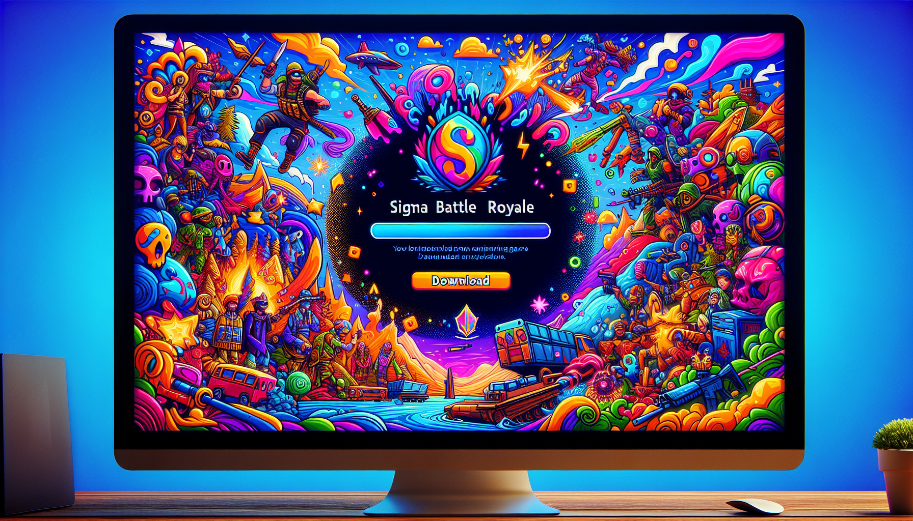 A visual guide on how to download Sigma Battle Royale, showcasing a stylized computer screen with download icons.