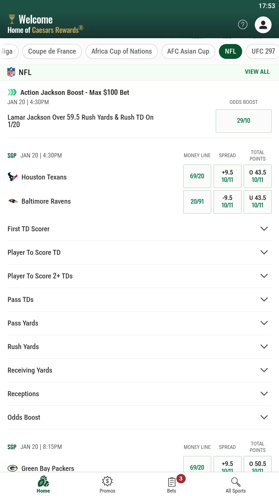 Phone demo of the list of available sports and events