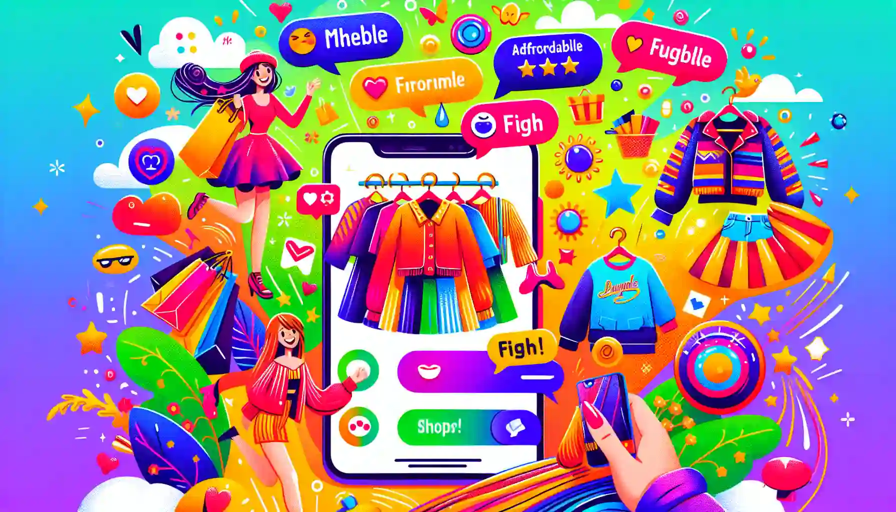 A cartoon showcasing the unique features of the Shein app for online shopping.