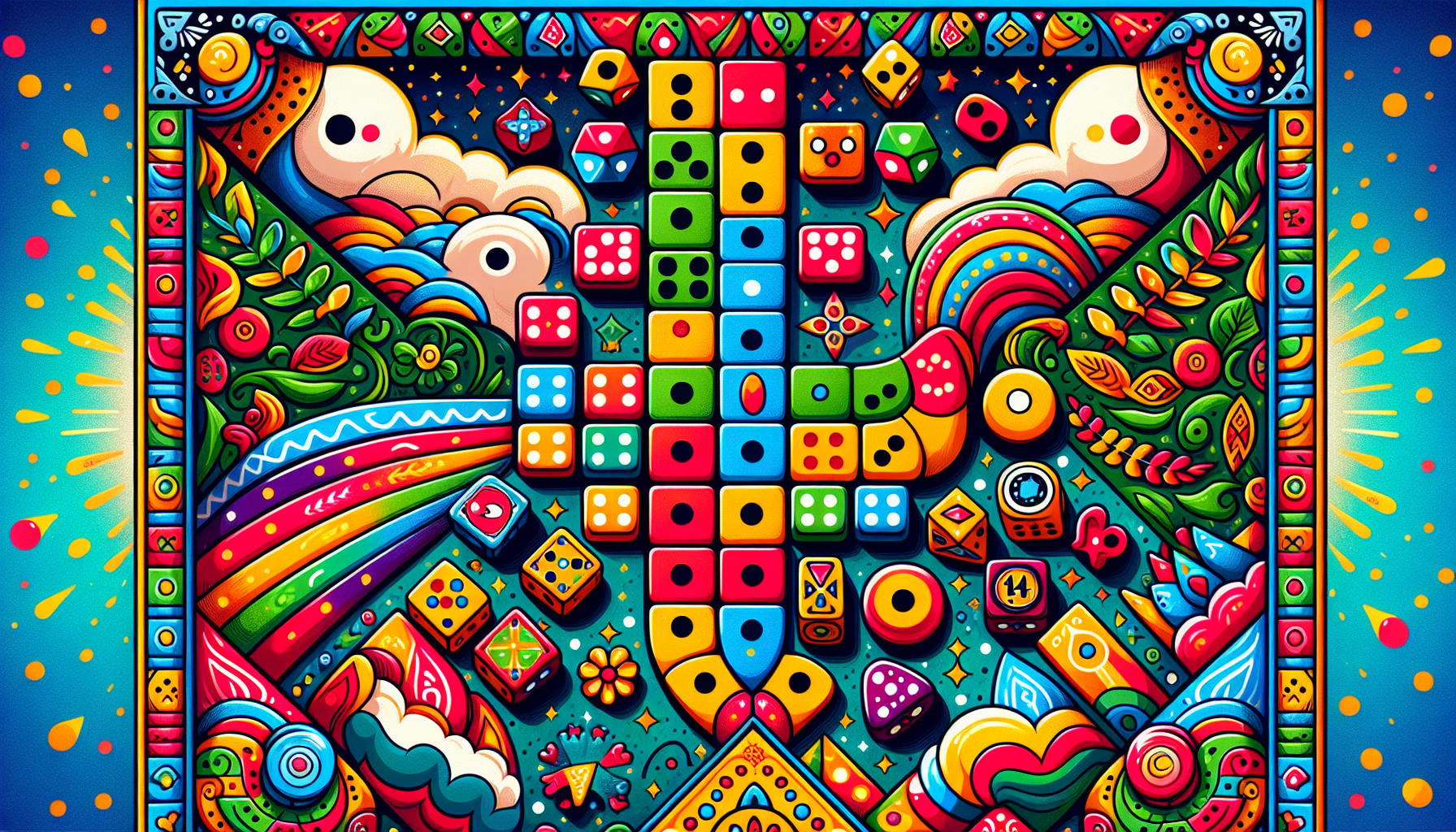 An illustration of the Ludo King game interface with colorful dice and tokens.