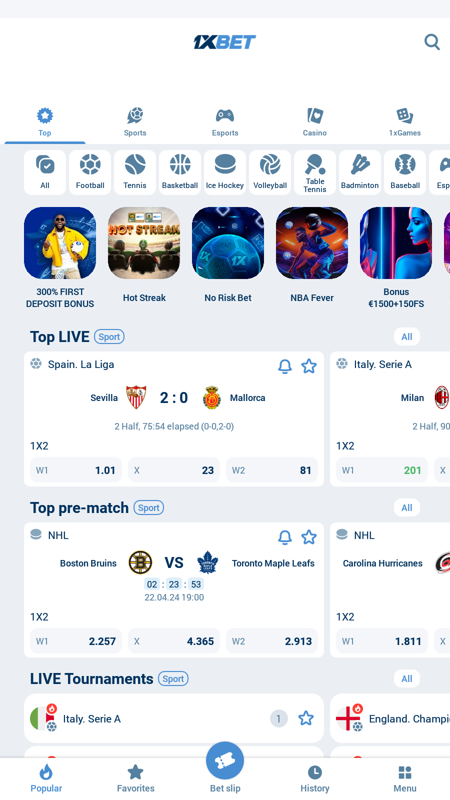 Illustration of the user interface of your 1xbet application