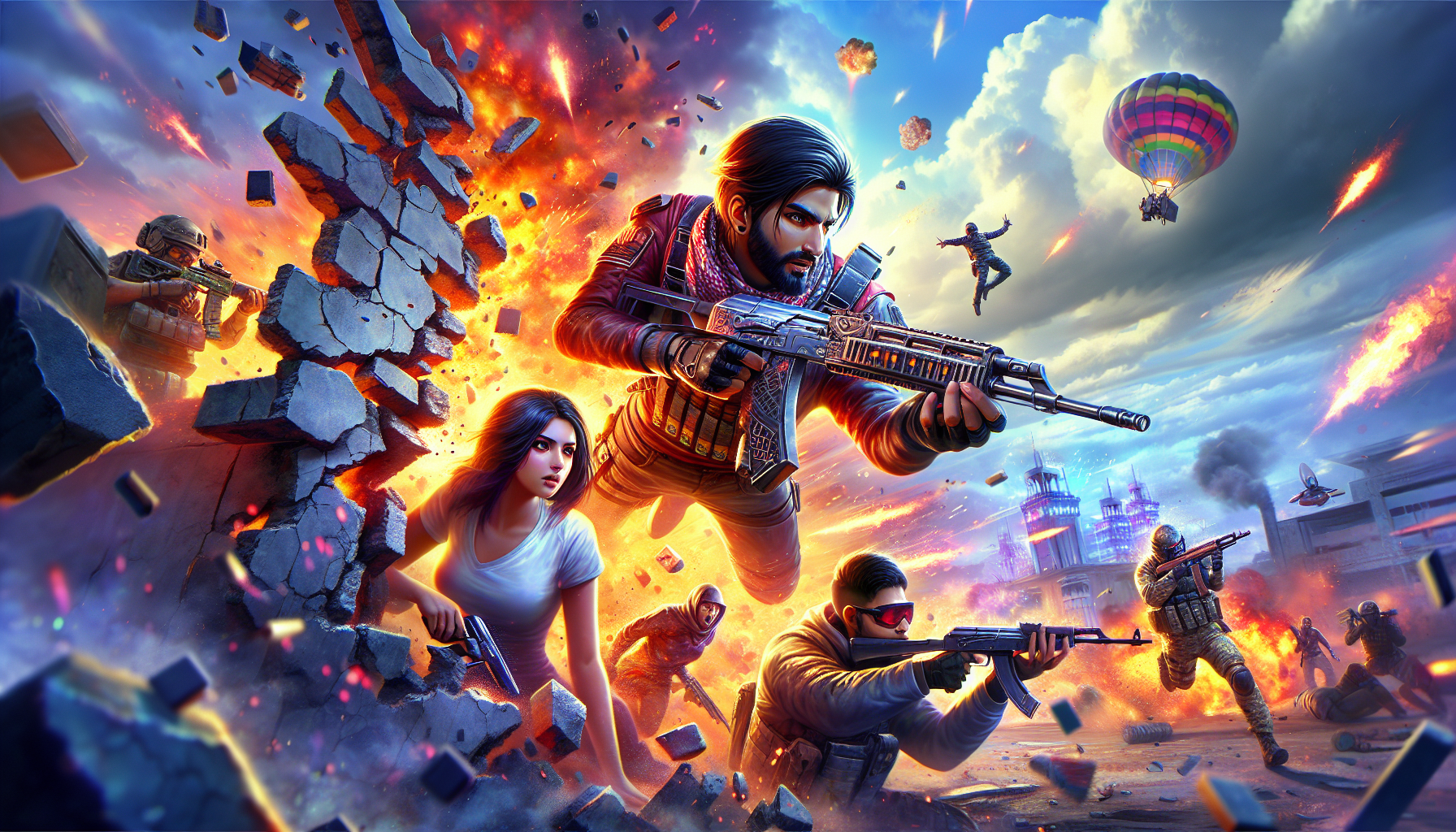 An illustration depicting the excitement of battle royale games, including characters in combat.