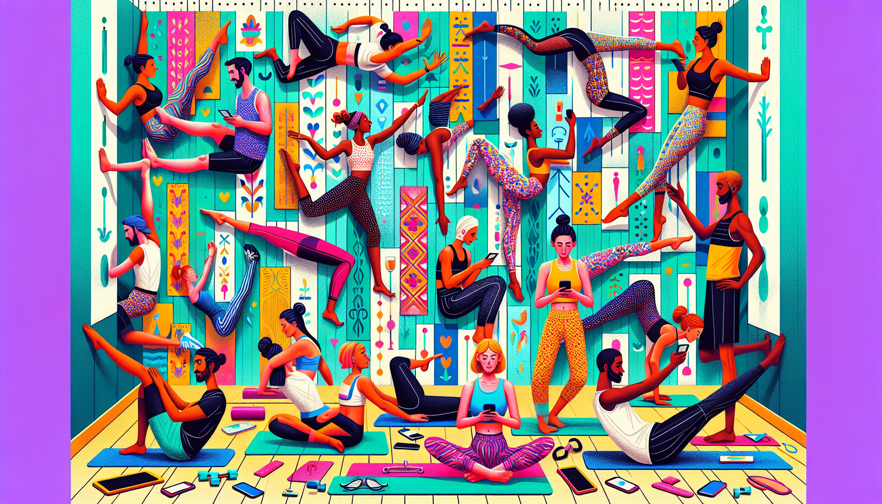 An illustration showcasing various pilates workouts and exercises that can be performed using a wall pilates app.