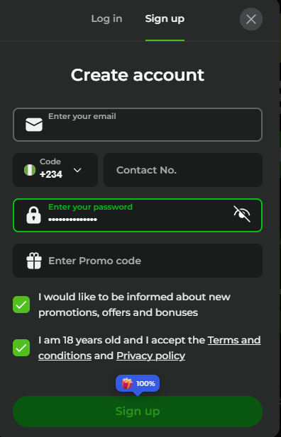 Enter your phone number and the e-mail to sign up. Don't forget to enter a promo code to get a bonus